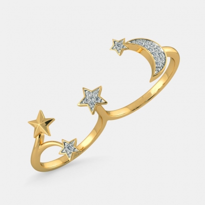 Custom design jewelry real 14k 18k gold plated shiny cubic zirconia moon star open two finger ring