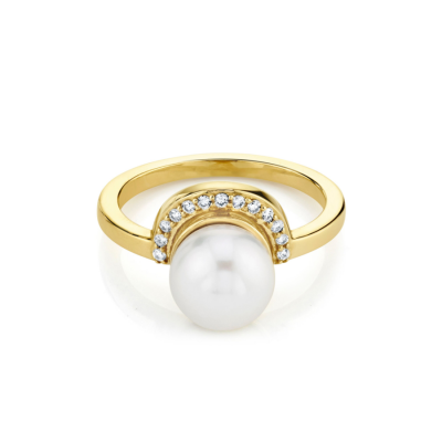 Wholesale fashio real gold plated cubic zirconia freshwater pearl shell bead women jewelry pearl ring