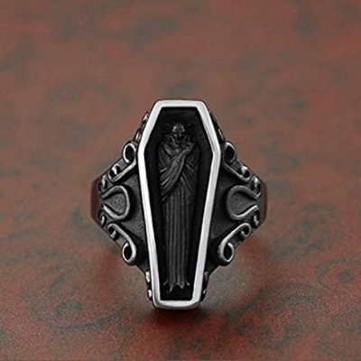 Custom halloween vampire gothic skelecton ring jewelry retro vintage black antique 925 sterling silver coffin ring