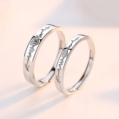 Custom high quality jewelry classic design electrocardiogram heart 925 sterling silver couple rings adjustable