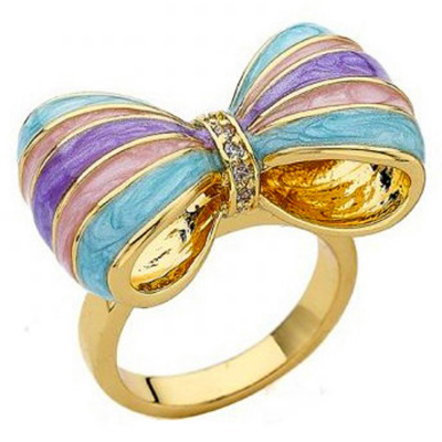 制造女性珠宝时尚戒指真正的18k镀金彩虹珐琅蝴蝶结戒指审美
