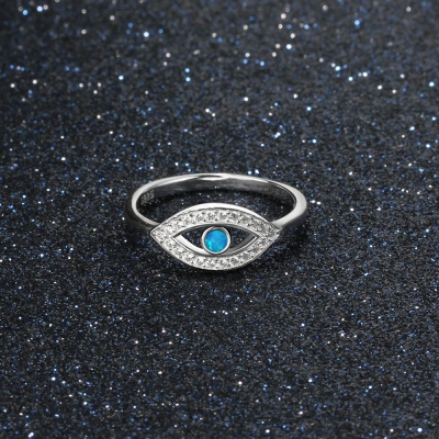 Manufacture women jewelry high quality fine jewelry finger rings white cz blue fire opal real 925 sterling silver evil eye ring