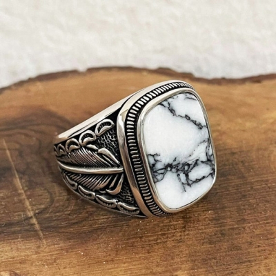 Wholesale natural white marble signet man jewelry custom ottoman tugra turkish silver rings men