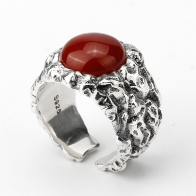 制造商红石氧化银复古男子戒指可调节男子戒指宝石925纯银