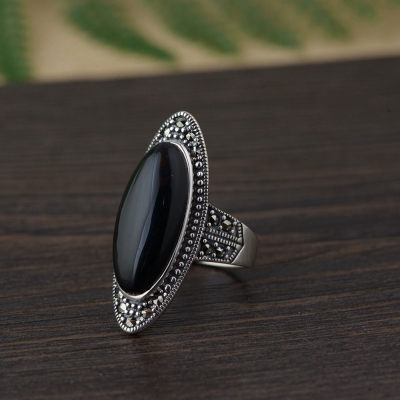 Wholesale fashion natural gemstone onyx black agate finger rings boho sterling silver jewelry 925 ring