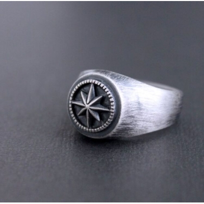 Custom brushed silver band ring engraved round signet maple leaf antique black oxidized 925 silver ring for men
