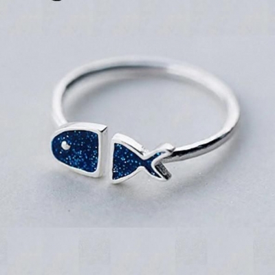Custom dark blue gravel gemstone fish open adjustable finger rings 925 sterling silver ring designs for girl