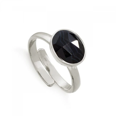 Custom gemstone fashion jewelry simple design round shape natural black agate ring silver