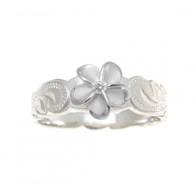 制作立方氧化锆鸡蛋花哑光925纯银戒指手工雕刻卷轴夏威夷银戒指