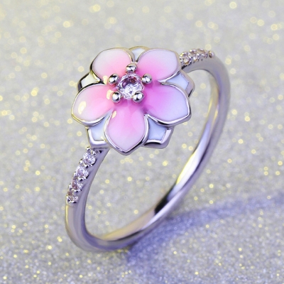 制造商女少女可爱的粉红色珐琅立方氧化锆豪华华丽的花925银戒指