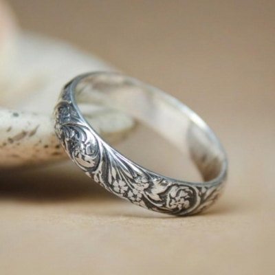 定制流行珠宝复古复古氧化925纯银雕刻银野花戒指