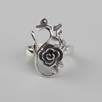 Manufacturer women adjustable rings custom oxidized silver black vintage antique rose flower sterling silver ring