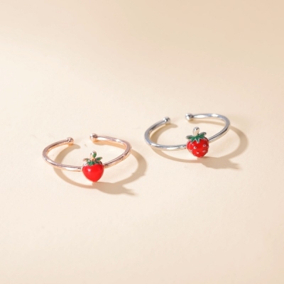 制造商925纯银讲究的手指戒指开放可调女士女孩珠宝珐琅银草莓戒指