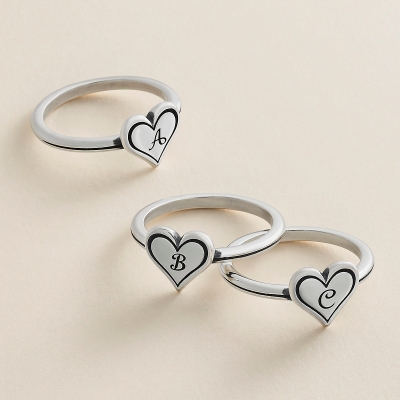 Manufacture high quality women jewelry antique black engraved letter heart initial ring sterling silver