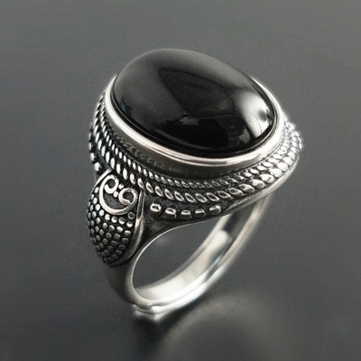 Manufacture adjustable men jewelry black onyx agate engraved antique black mens vintage silver black ring