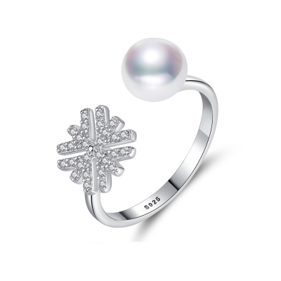 Wholesale open adjustable cz snowflower rings fine jewelry rhodium plated over 925  sterling silver pearl ring