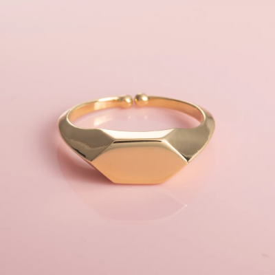 批发高级珠宝实心金戒指高品质镜面抛光效果定制18k金印章戒指可调节