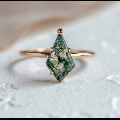 Moss Agate Engagement Ring Kite Gemstone Ring 925 Sterling Silver Real Gold Plated Ring for Women